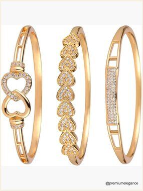 3-Piece Bangle Bracelet Set for Women Dainty Vintage Trendy Zinc Alloy CZ Stone